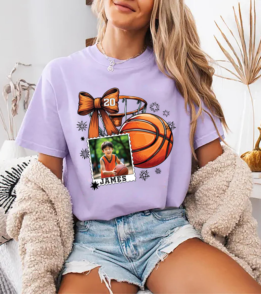 Coquette Bow Basketball Custom Name and Photo Shirt, Basketball Mom Shirt, Personalized Sports Dad Tee