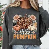 Hello Pumpkin Sweatshirt, Boho Floral Fall Leopard Pumpkin Shirt, Boho Pumpkin Coquette Sweatshirt