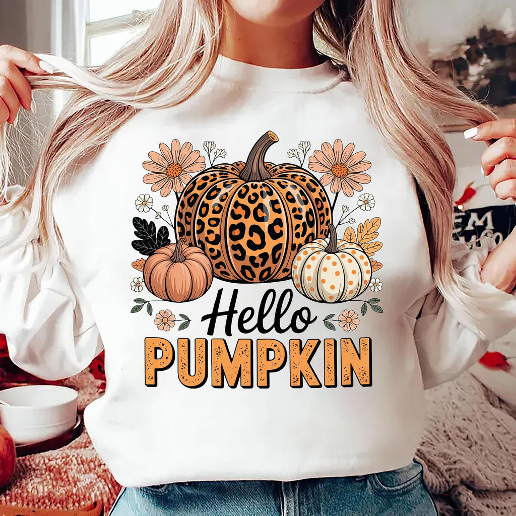 Hello Pumpkin Sweatshirt, Boho Floral Fall Leopard Pumpkin Shirt, Boho Pumpkin Coquette Sweatshirt