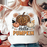 Hello Pumpkin Sweatshirt, Boho Floral Fall Leopard Pumpkin Shirt, Boho Pumpkin Coquette Sweatshirt