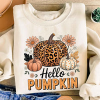 Hello Pumpkin Sweatshirt, Boho Floral Fall Leopard Pumpkin Shirt, Boho Pumpkin Coquette Sweatshirt