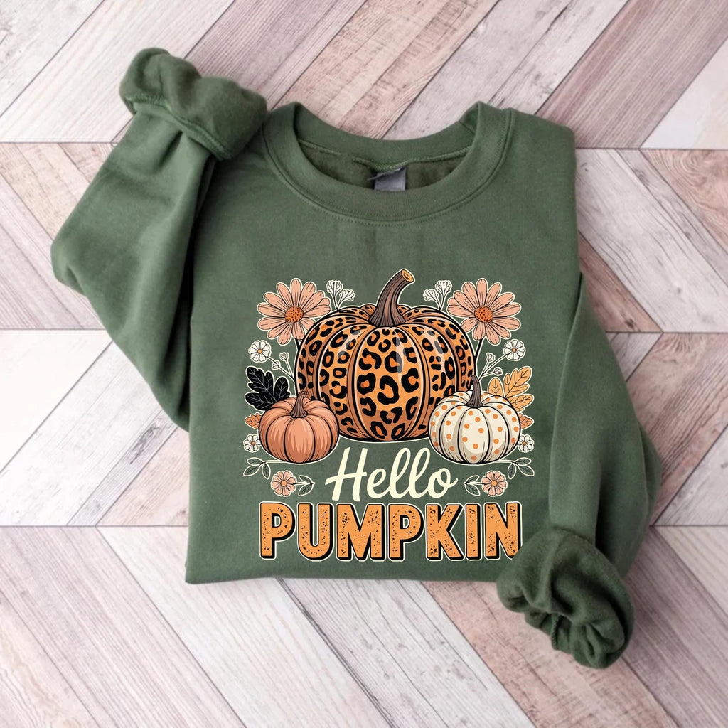 Hello Pumpkin Sweatshirt, Boho Floral Fall Leopard Pumpkin Shirt, Boho Pumpkin Coquette Sweatshirt