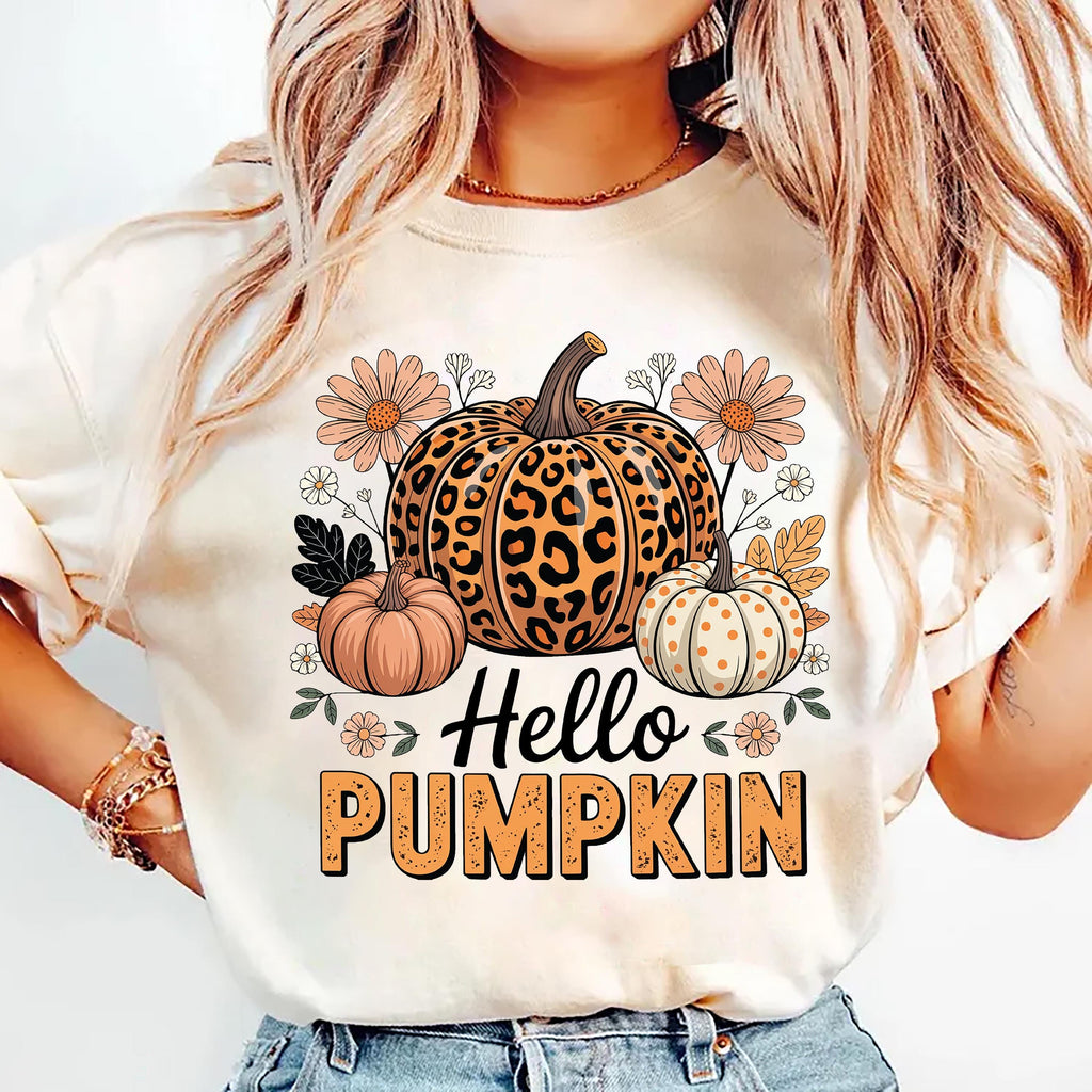 Hello Pumpkin Shirt, Boho Floral Fall Leopard Pumpkin Shirt, Boho Pumpkin Coquette Tee