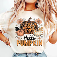 Hello Pumpkin Shirt, Boho Floral Fall Leopard Pumpkin Shirt, Boho Pumpkin Coquette Tee