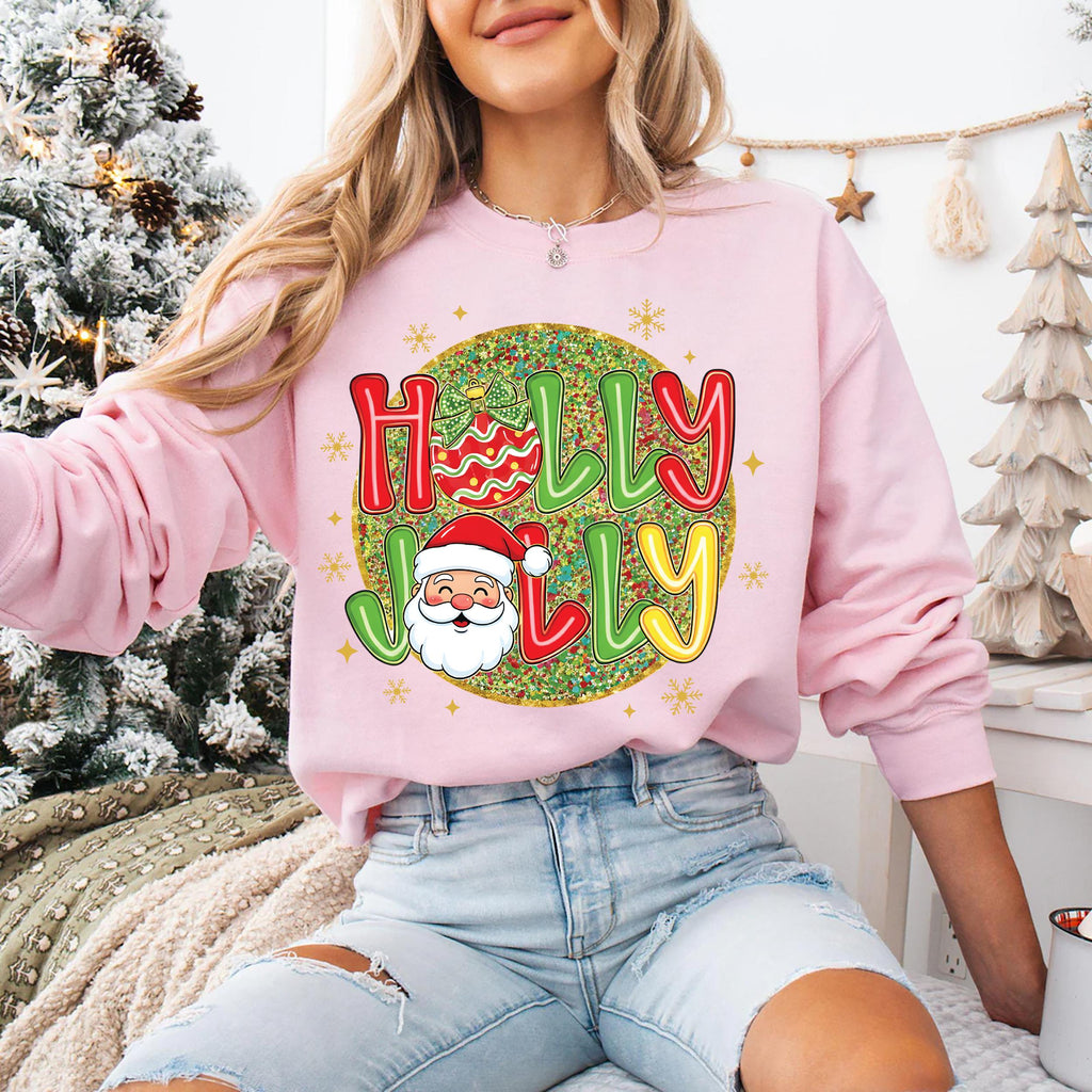 Holly Jolly Vibes with Santa Claus Sweatshirt, Preppy Christmas Shirt, Trendy Holiday Sweatshirt
