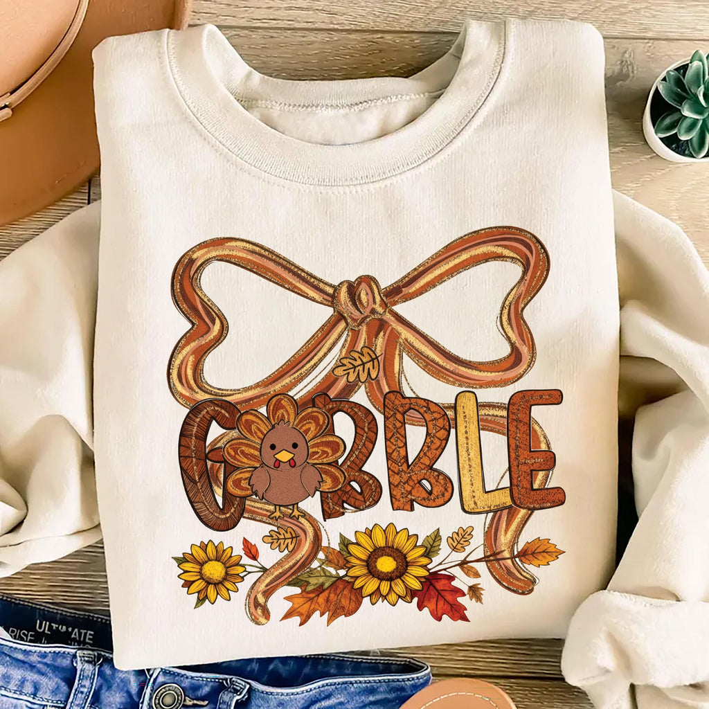 Thanksgiving Gobble Coquette Sweatshirt, Fall Turkey Shirt, Floral Fall Brushstroke Sweatshirt