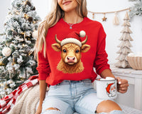 Christmas Highland Cow Sweatshirt, Santa Cow Merry Christmas Shirt, Cozy Winter Animal Sweatshirt