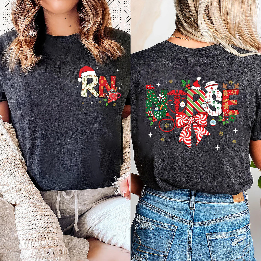 Christmas Registered Nurse Shirt, Christmas Nurse Shirt, Merry Nurse Crewneck Tee, Front Back