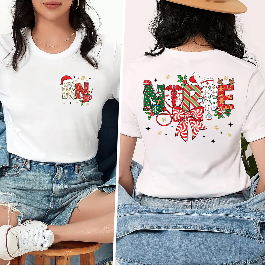 Christmas Registered Nurse Shirt, Christmas Nurse Shirt, Merry Nurse Crewneck Tee, Front Back