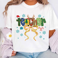 Coquette Christmas Teacher Shirt, Merry Christmas Teacher Shirt, Christmas Teacher Coquette Bow Tee