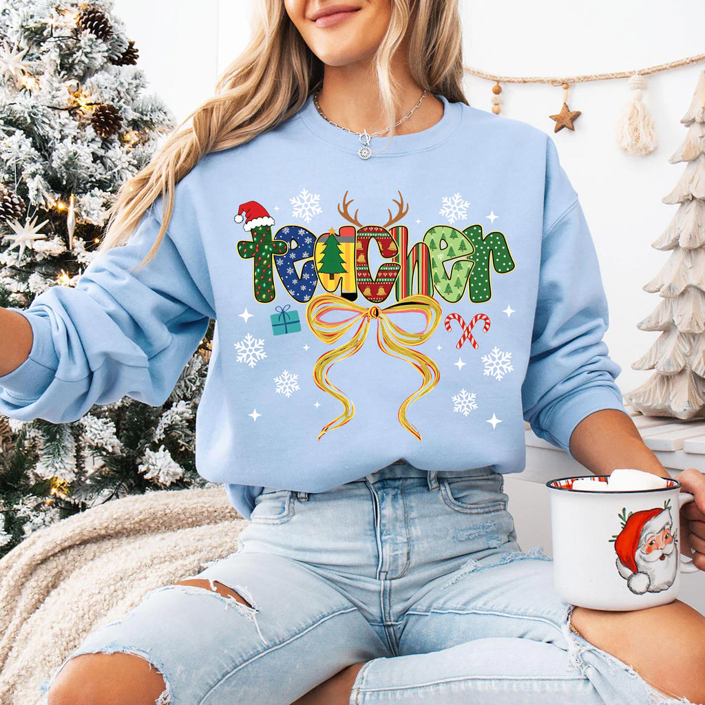 Coquette Christmas Teacher Sweatshirt, Merry Christmas Teacher Shirt, Christmas Teacher Coquette Bow Sweatshirt