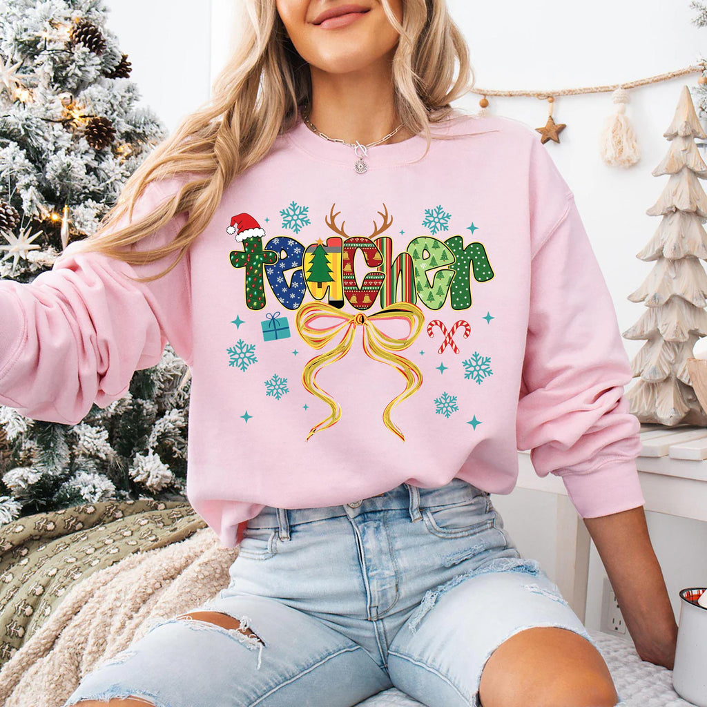 Coquette Christmas Teacher Sweatshirt, Merry Christmas Teacher Shirt, Christmas Teacher Coquette Bow Sweatshirt