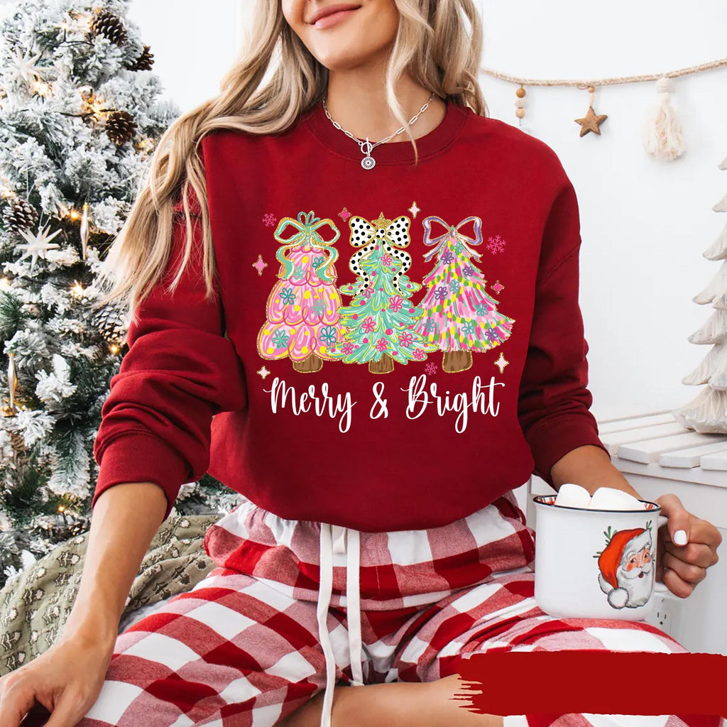 Merry and Bright Hoodie, Merry and Bright Christmas Tree Coquette Shirt, Preppy Merry Christmas Hoodie