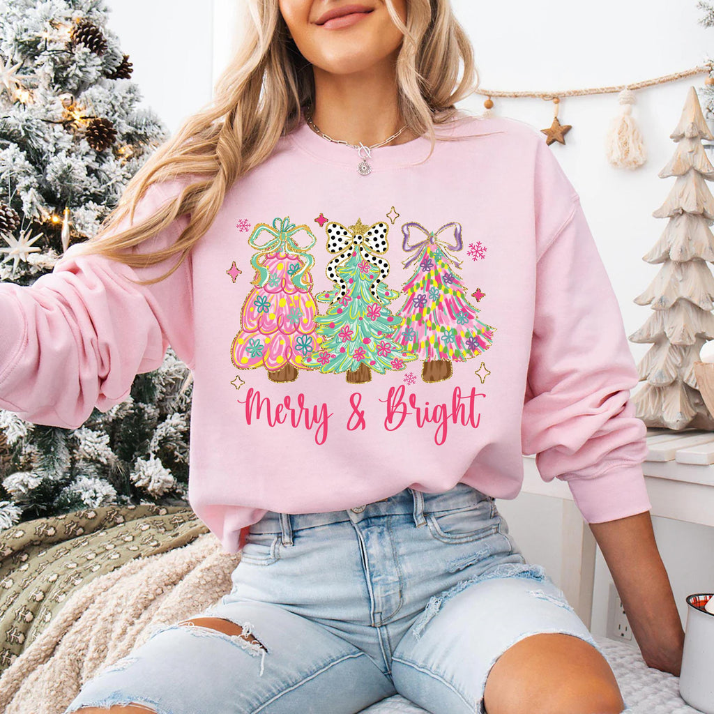 Merry and Bright Sweatshirt, Merry and Bright Christmas Tree Coquette Shirt, Preppy Merry Christmas Sweatshirt