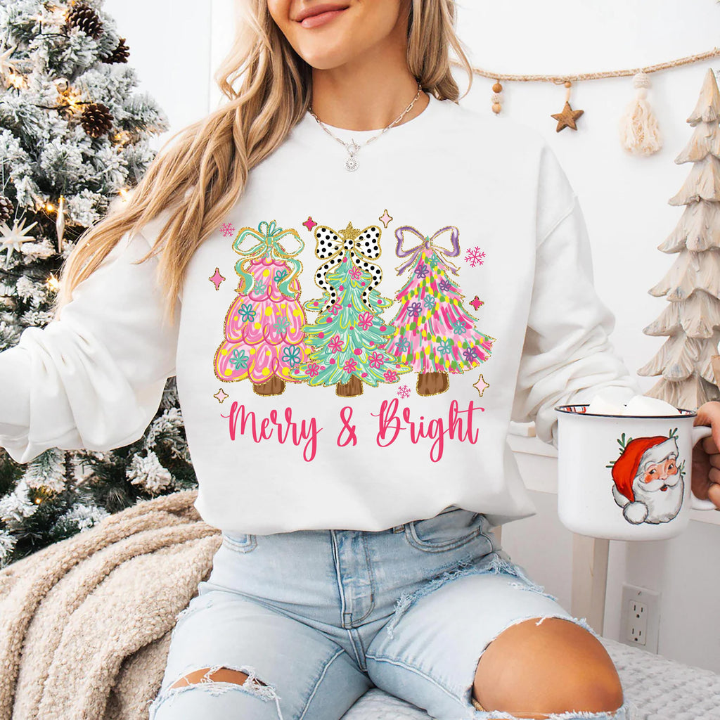 Merry and Bright Sweatshirt, Merry and Bright Christmas Tree Coquette Shirt, Preppy Merry Christmas Sweatshirt