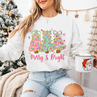 Merry and Bright Sweatshirt, Merry and Bright Christmas Tree Coquette Shirt, Preppy Merry Christmas Sweatshirt