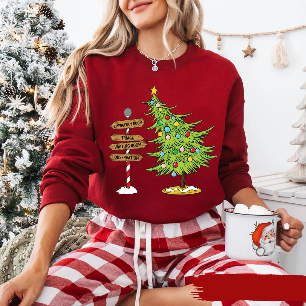 Funny Christmas Emergency Department Nurse Hoodie, ER Nurse Gift Shirt, Emergency Medicine Christmas Tree Hoodie