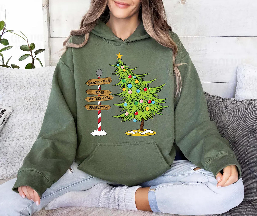 Funny Christmas Emergency Department Nurse Hoodie, ER Nurse Gift Shirt, Emergency Medicine Christmas Tree Hoodie