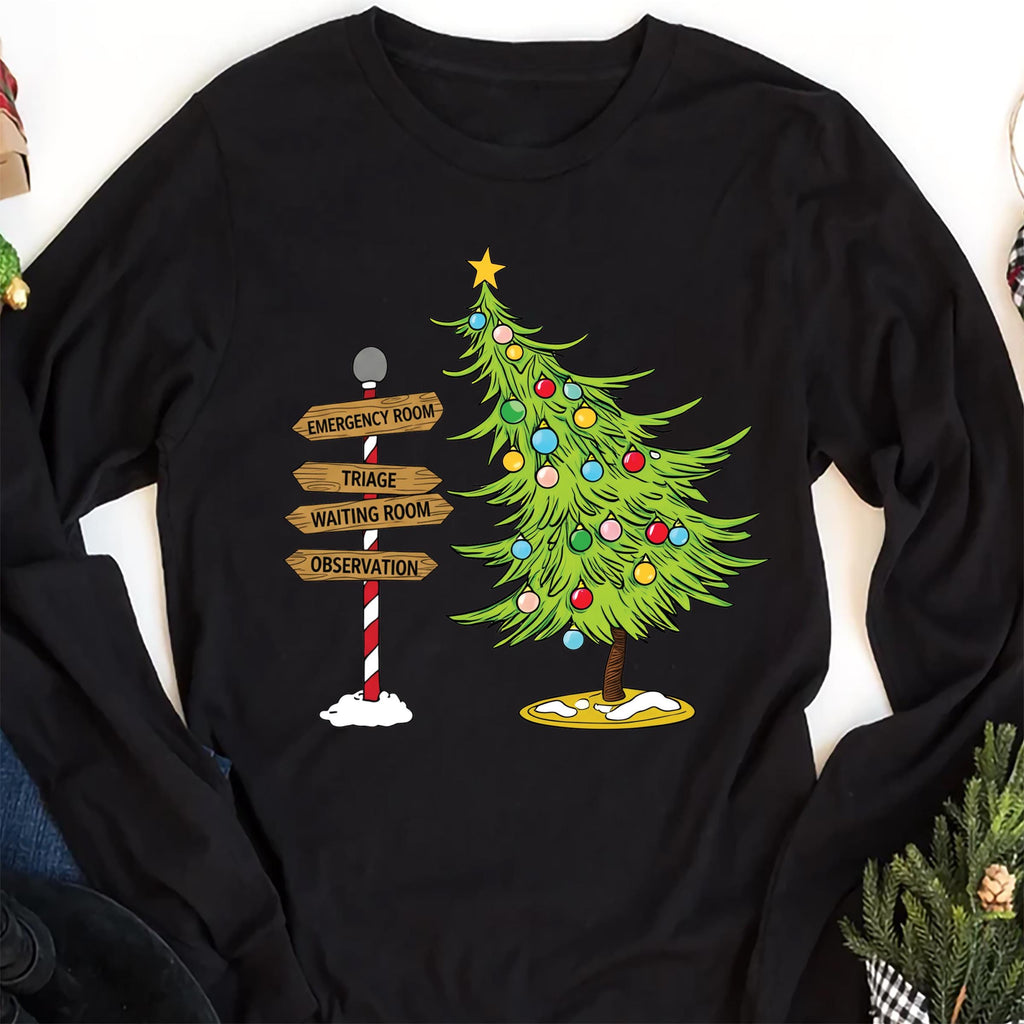 Funny Christmas Emergency Department Nurse Long Sleeve Shirt, ER Nurse Gift Shirt, Emergency Medicine Christmas Tree Tee