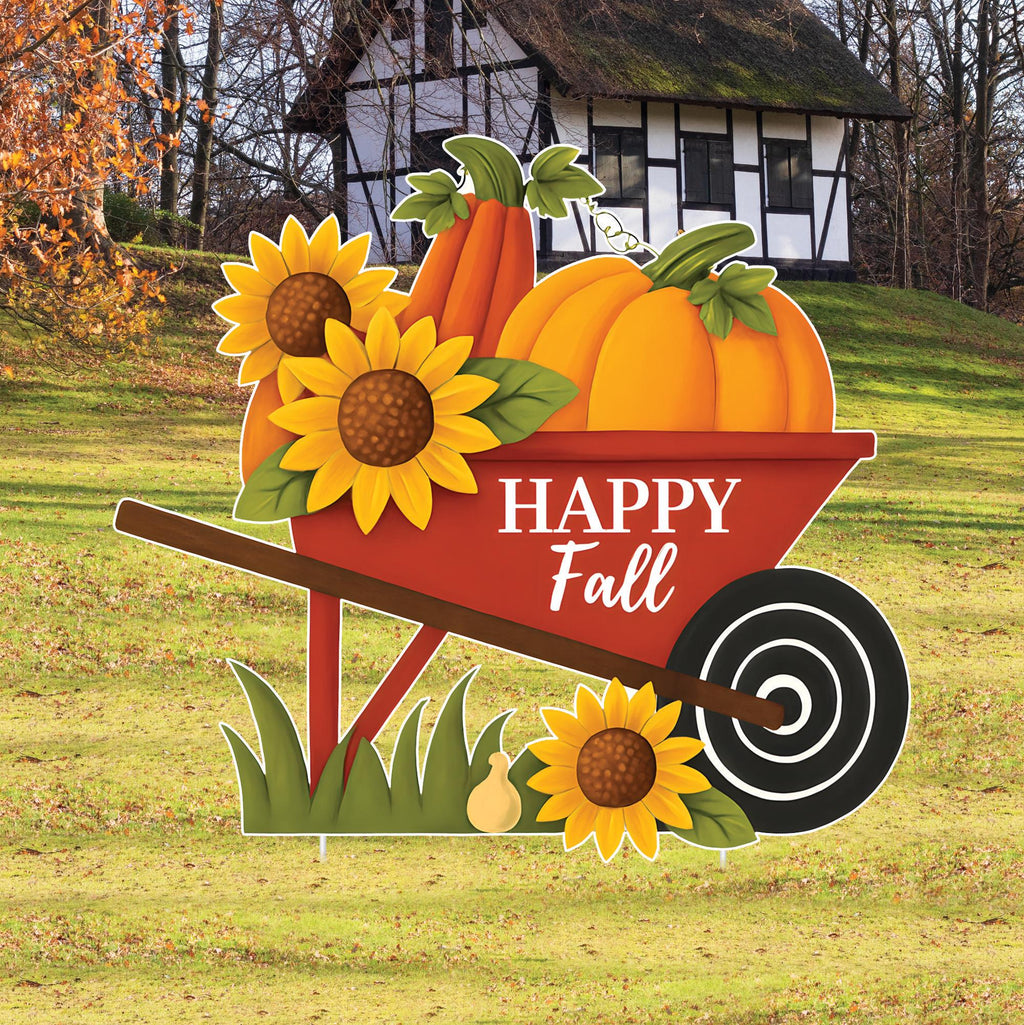 Fall Wheelbarrow Pumpkin Yard Sign, Harvest Wagon Cart with Happy Fall Stakes, Autumn Porch Decorations for Thanksgiving Lawn & Patio Décor
