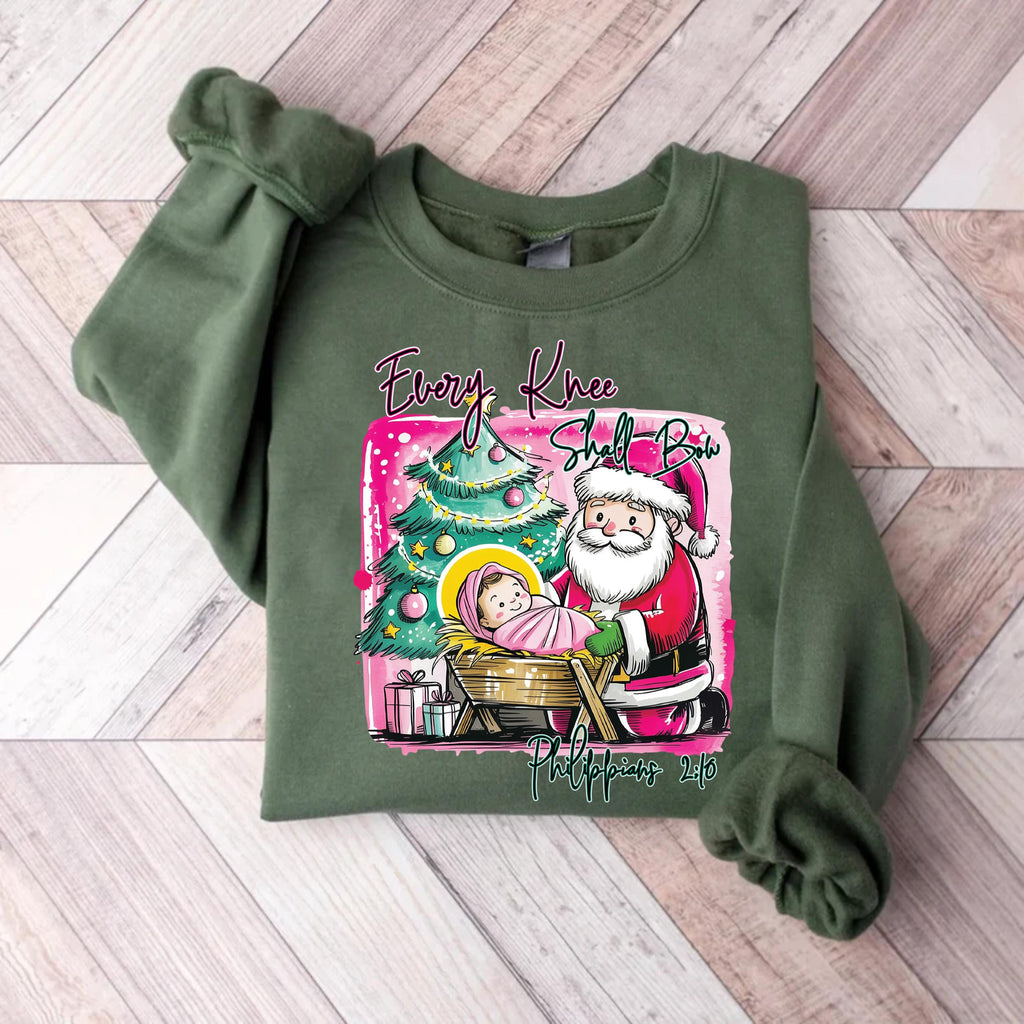 Nativity Scene Sweatshirt, Watercolor Baby Jesus Shirt, Every Knee Shall Bow Christmas Sweatshirt