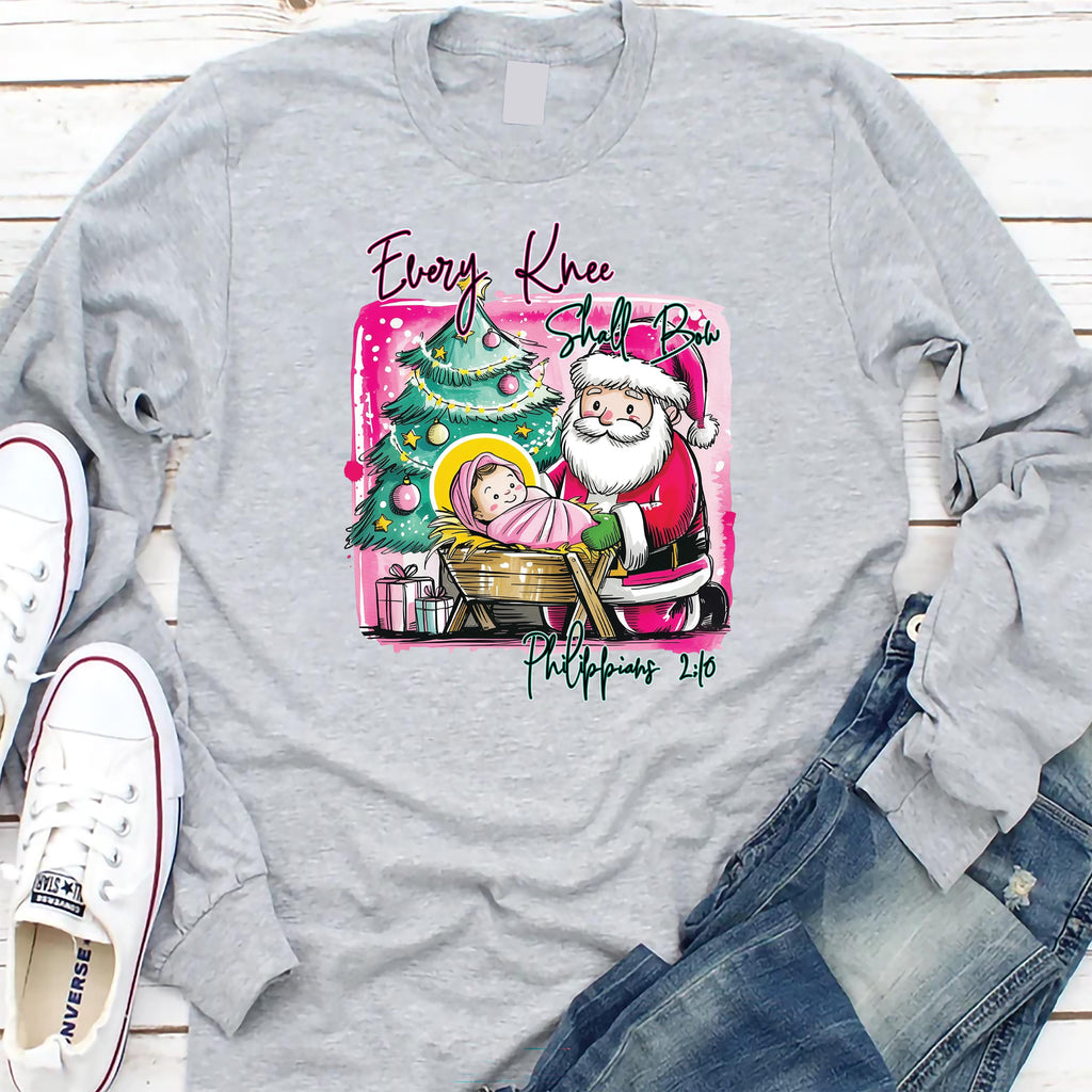 Nativity Scene Long Sleeve Shirt, Watercolor Baby Jesus Shirt, Every Knee Shall Bow Christmas Tee