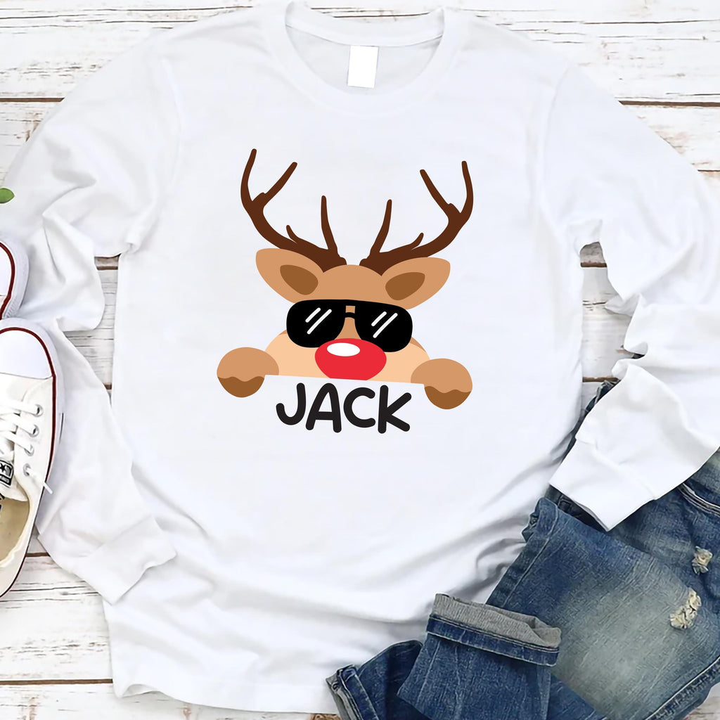 Reindeer Family Christmas Long Sleeve Shirt, Personalized Christmas Family Shirt, Custom Family Name Tee