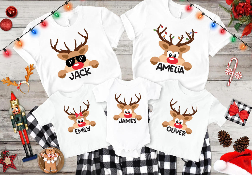 Reindeer Family Christmas Shirt, Personalized Christmas Family Shirt, Custom Family Name Tee