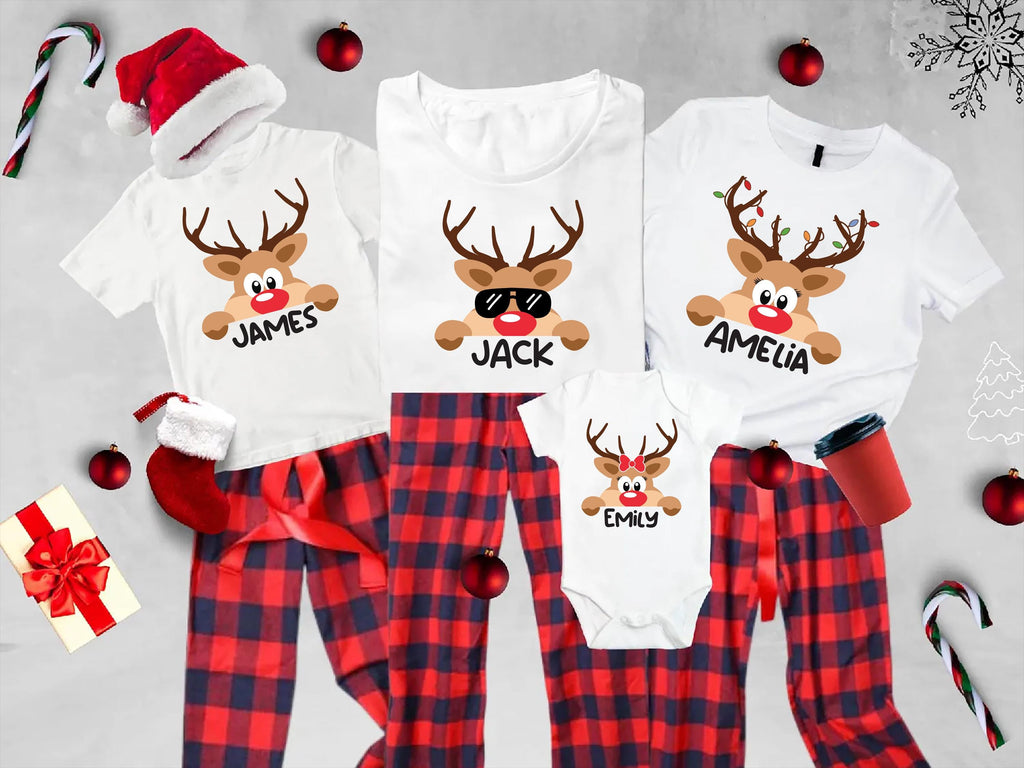 Reindeer Family Christmas Shirt, Personalized Christmas Family Shirt, Custom Family Name Tee