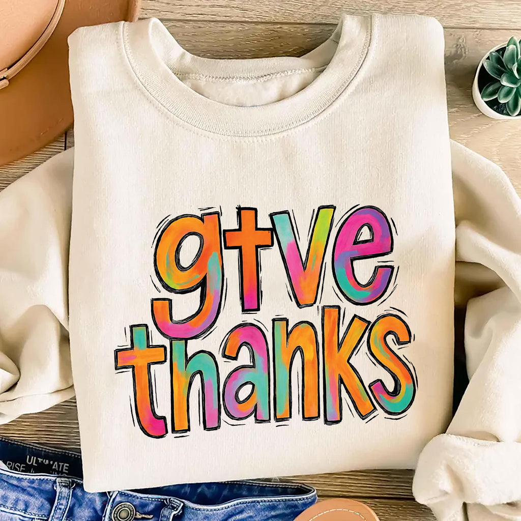 Colorful Brushstroke Give Thanks Sweatshirt, Thankful Grateful Blessed Shirt, Coquette Pumpkin Sweatshirt