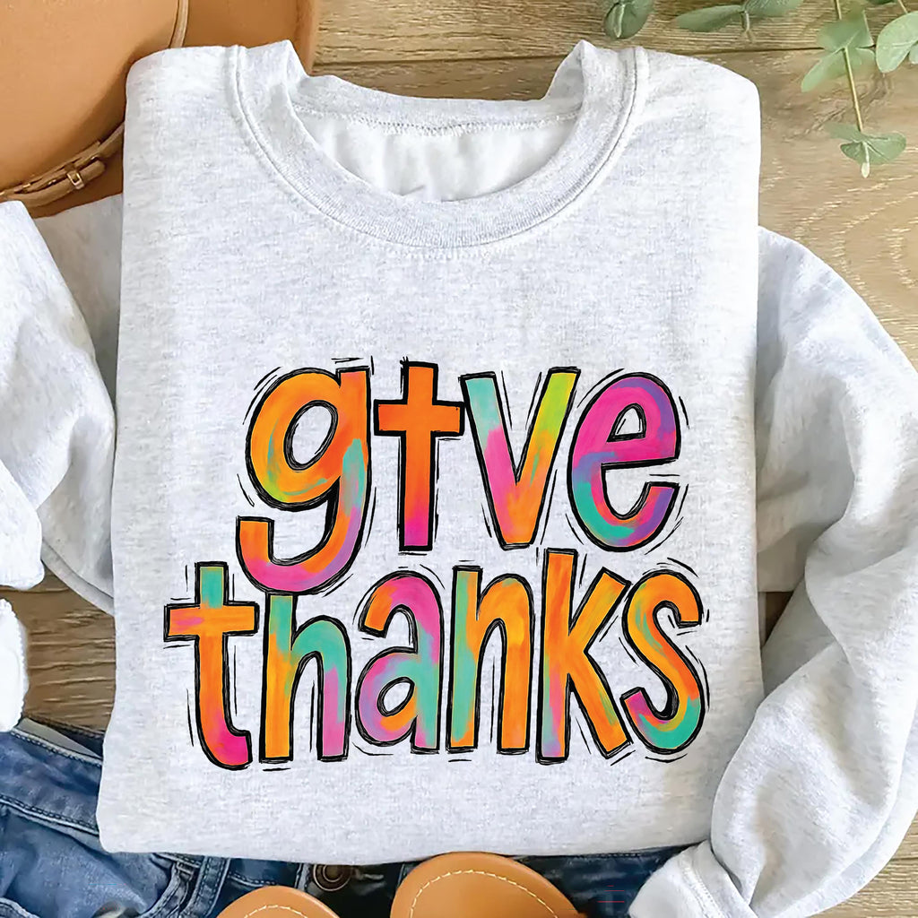 Colorful Brushstroke Give Thanks Sweatshirt, Thankful Grateful Blessed Shirt, Coquette Pumpkin Sweatshirt