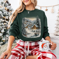 Retro Christmas Winter Village Sweatshirt, Nineties 90s Mountain Pine Trees Shirt, Decorated Cabins Sweatshirt