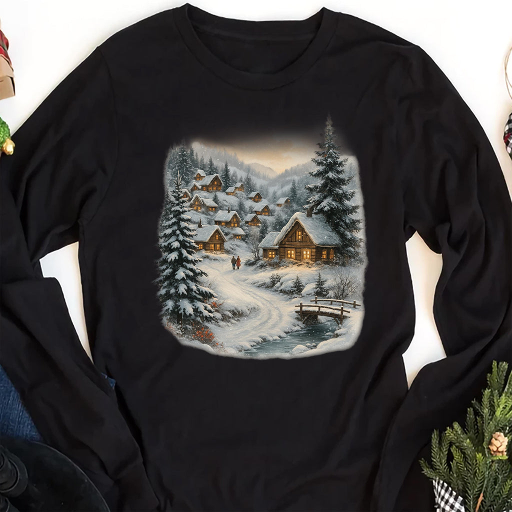 Retro Christmas Winter Village Long Sleeve Shirt, Nineties 90s Mountain Pine Trees Shirt, Decorated Cabins Tee