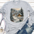 Retro Christmas Winter Village Long Sleeve Shirt, Nineties 90s Mountain Pine Trees Shirt, Decorated Cabins Tee