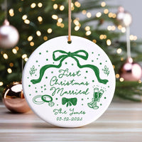 Custom First Christmas Married Ornament, Personalized Newlywed Ornament, 1st Anniversary Couple Gift, Coquette Bow Wedding Holiday Keepsake