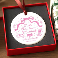Custom First Christmas Married Ornament, Personalized Newlywed Ornament, 1st Anniversary Couple Gift, Coquette Bow Wedding Holiday Keepsake