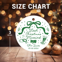 Custom First Christmas Married Ornament, Personalized Newlywed Ornament, 1st Anniversary Couple Gift, Coquette Bow Wedding Holiday Keepsake