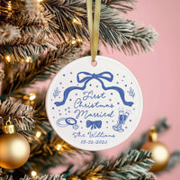 Custom First Christmas Married Ornament, Personalized Newlywed Ornament, 1st Anniversary Couple Gift, Coquette Bow Wedding Holiday Keepsake