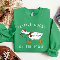 Festive Goose on the Loose Christmas Sweatshirt, Funny Goose Holiday Shirt, Cute Xmas Duck Sweatshirt