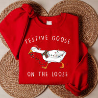 Festive Goose on the Loose Christmas Sweatshirt, Funny Goose Holiday Shirt, Cute Xmas Duck Sweatshirt