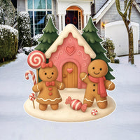 Gingerbread House Yard Sign, Christmas Outdoor Decoration with Gingerbread Couple, Candy Lawn Decor with Stakes for Garden & Pathway