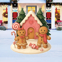 Gingerbread House Yard Sign, Christmas Outdoor Decoration with Gingerbread Couple, Candy Lawn Decor with Stakes for Garden & Pathway