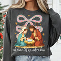 Jesus Christmas Coquette Bow Sweatshirt, Oh Come Let Us Adore Him Shirt, Nativity Scene Sweatshirt
