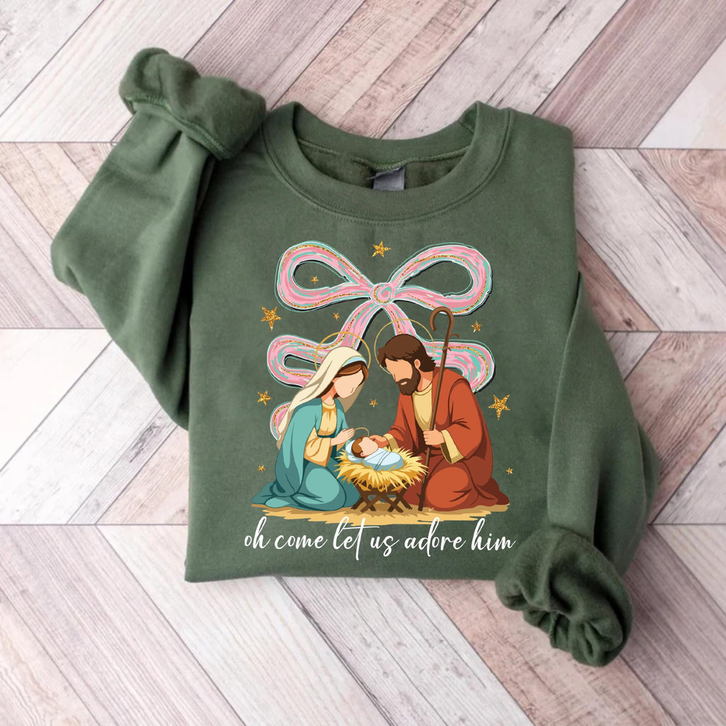 Jesus Christmas Coquette Bow Sweatshirt, Oh Come Let Us Adore Him Shirt, Nativity Scene Sweatshirt