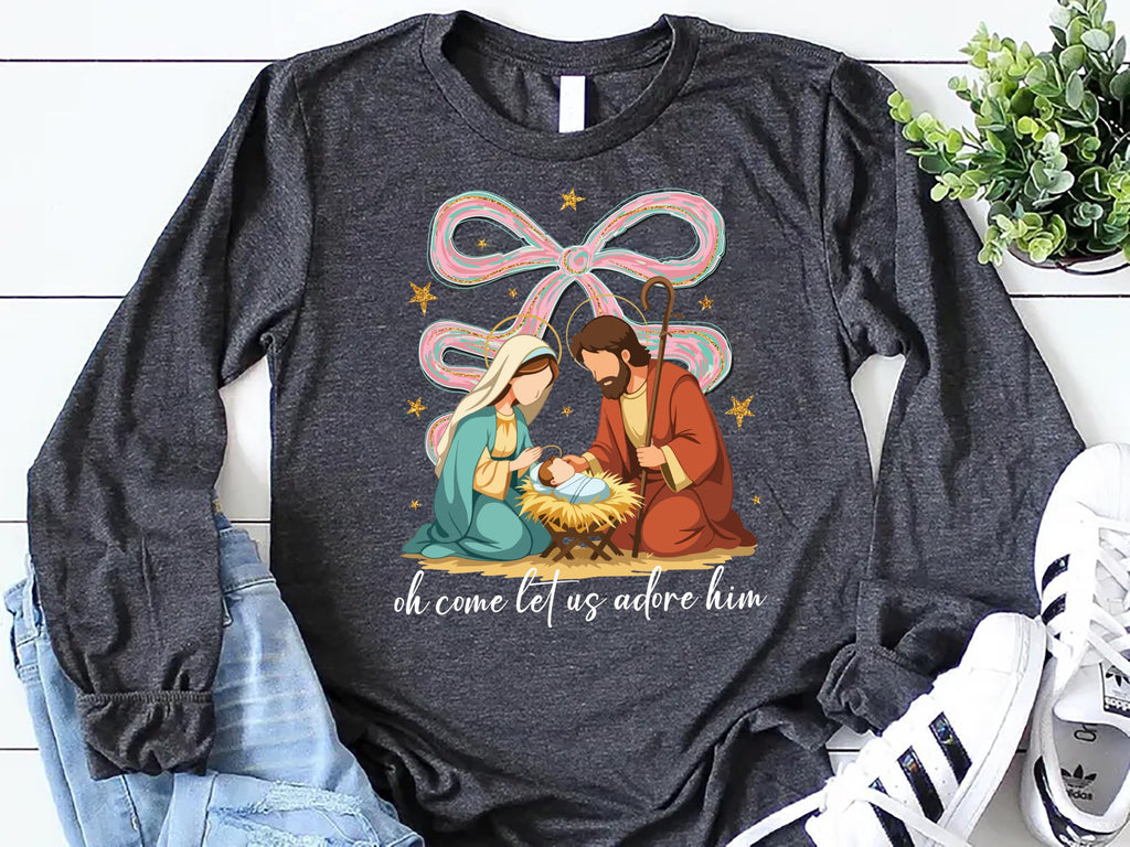 Jesus Christmas Coquette Bow Long Sleeve Shirt, Oh Come Let Us Adore Him Shirt, Nativity Scene Tee