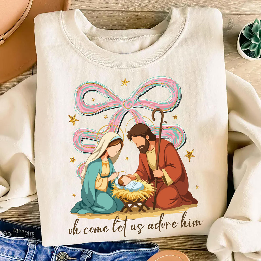 Jesus Christmas Coquette Bow Sweatshirt, Oh Come Let Us Adore Him Shirt, Nativity Scene Sweatshirt