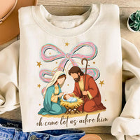 Jesus Christmas Coquette Bow Sweatshirt, Oh Come Let Us Adore Him Shirt, Nativity Scene Sweatshirt