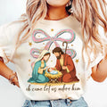 Jesus Christmas Coquette Bow Shirt, Oh Come Let Us Adore Him Shirt, Nativity Scene Tee