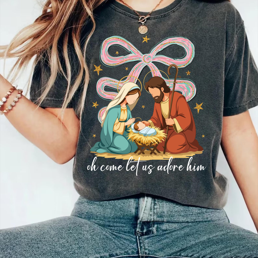 Jesus Christmas Coquette Bow Shirt, Oh Come Let Us Adore Him Shirt, Nativity Scene Tee