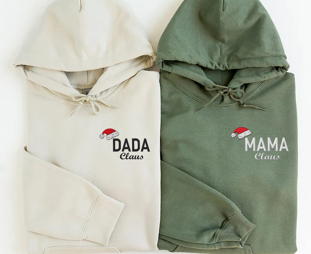 Embroidered Christmas Family Sweatshirt, Matching Xmas Hoodie, Mama Claus Shirt, Dada Claus Long Sleeve Shirt, Embroidery Santa Hat Gift